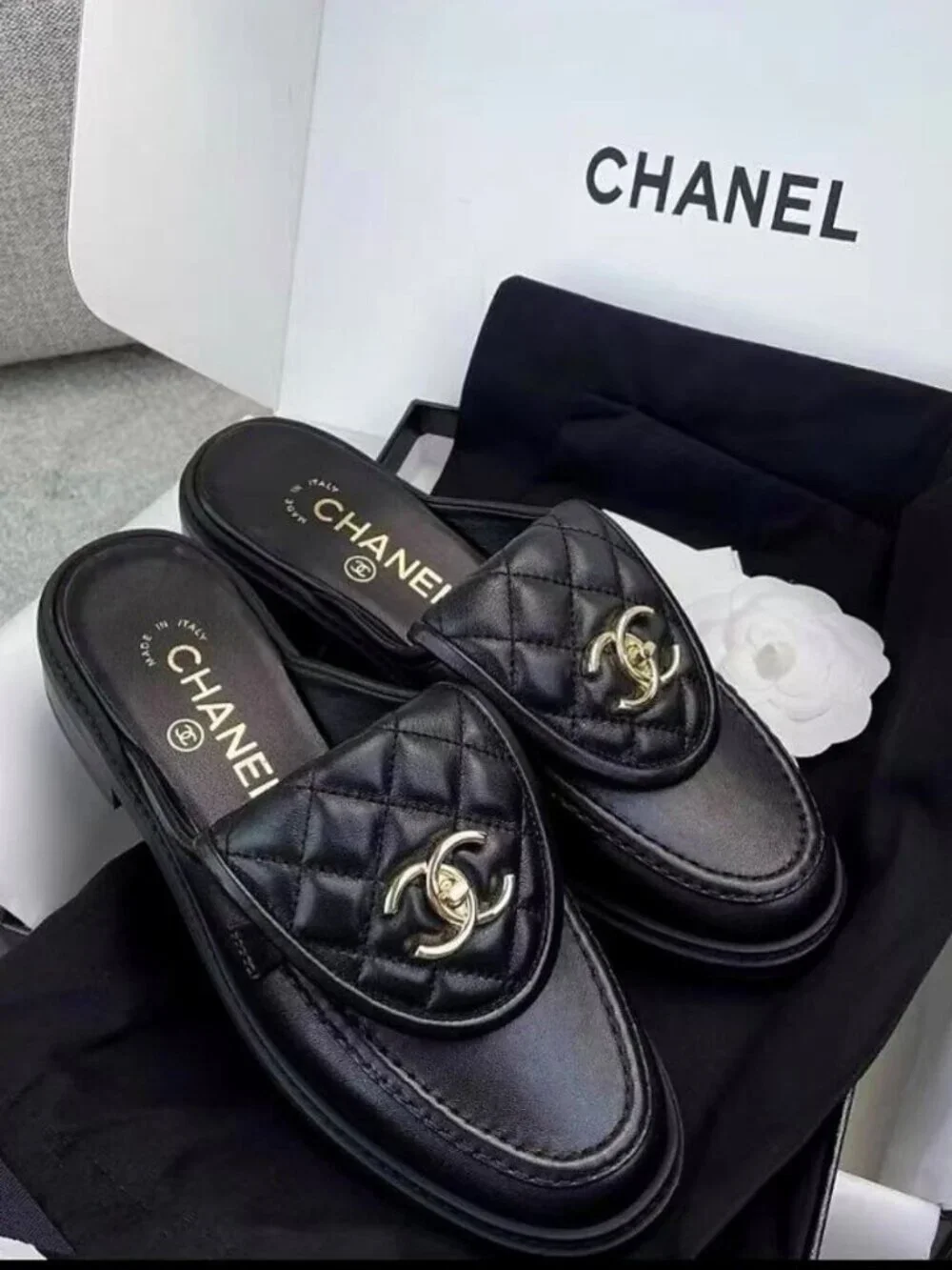 CHANEL Classic Gold Logo Quilted Mules